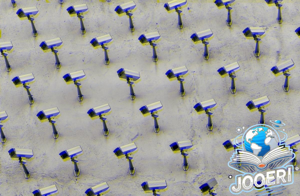 a pattern of CCTV surveillance cameras on a wall, moshed with a blue and yellow jitter effect, all pointing in different directions.