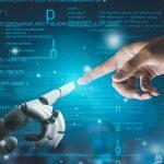 Robotic hand and human hand touching via extended fingers a la Sistine Chapel