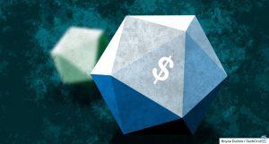 A 20-sided dice used in Dungeons and Dragons with a money sign on it