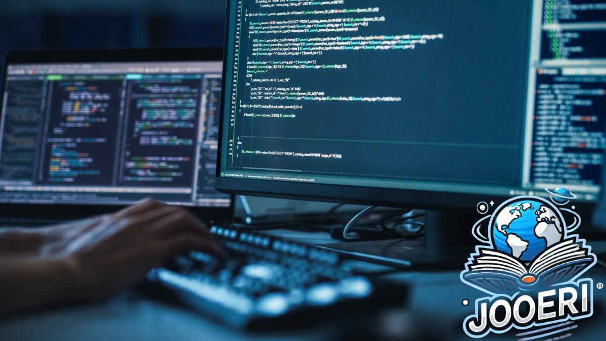 Close up of person's hands on keyboard, coding with monitors displaying code all around.