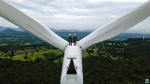 Two Electric engineer wearing Personal protective equipment working on top of wind turbine farm; climate tech investor survey