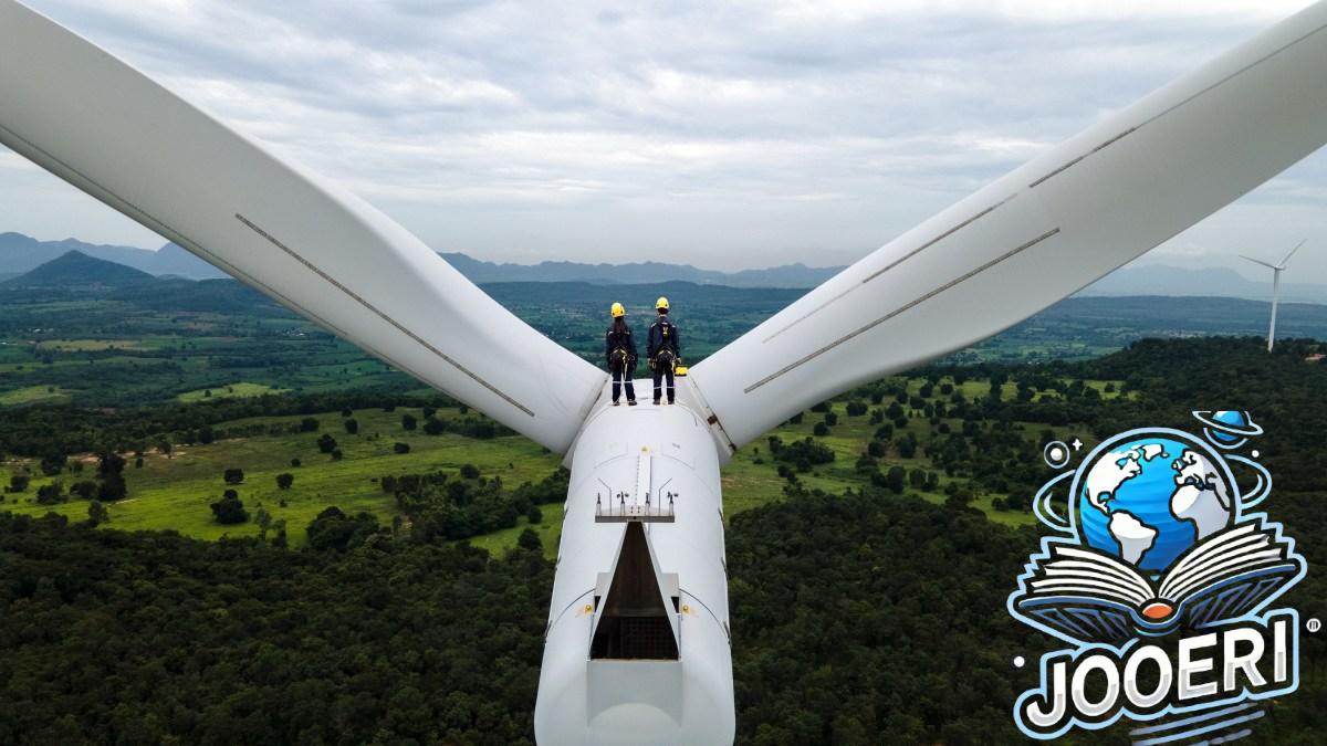 Two Electric engineer wearing Personal protective equipment working on top of wind turbine farm; climate tech investor survey