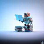 Robot sitting on a bunch of books