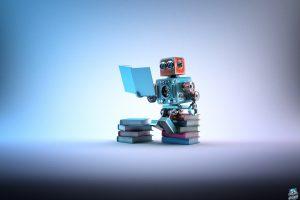 Robot sitting on a bunch of books
