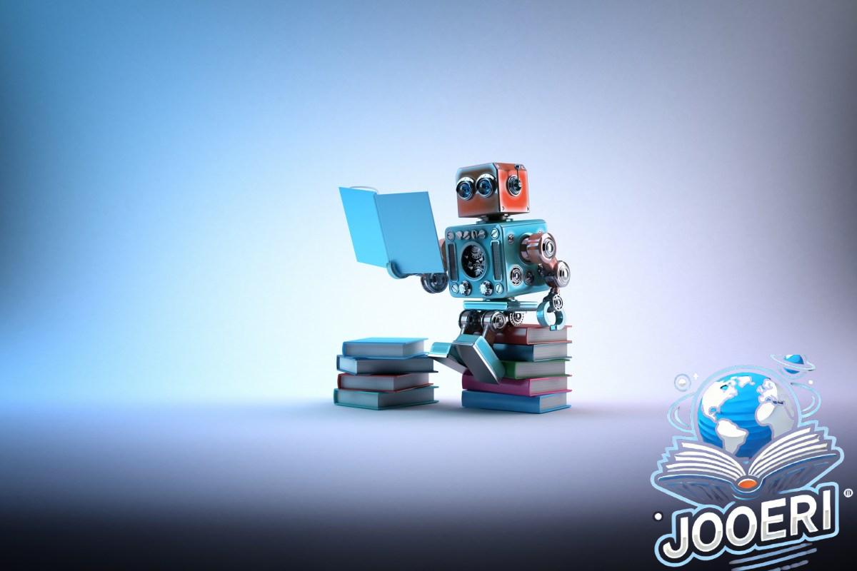 Robot sitting on a bunch of books