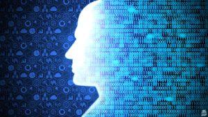 Man looking at big data represented by binary code and data symbols like graphs.