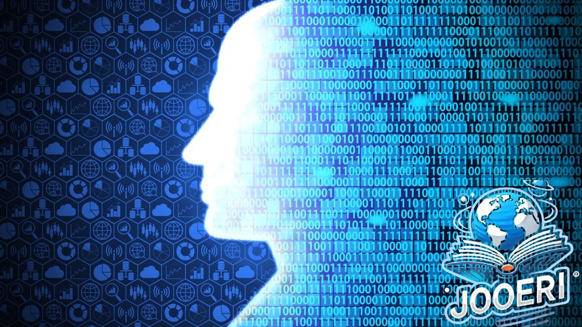 Man looking at big data represented by binary code and data symbols like graphs.