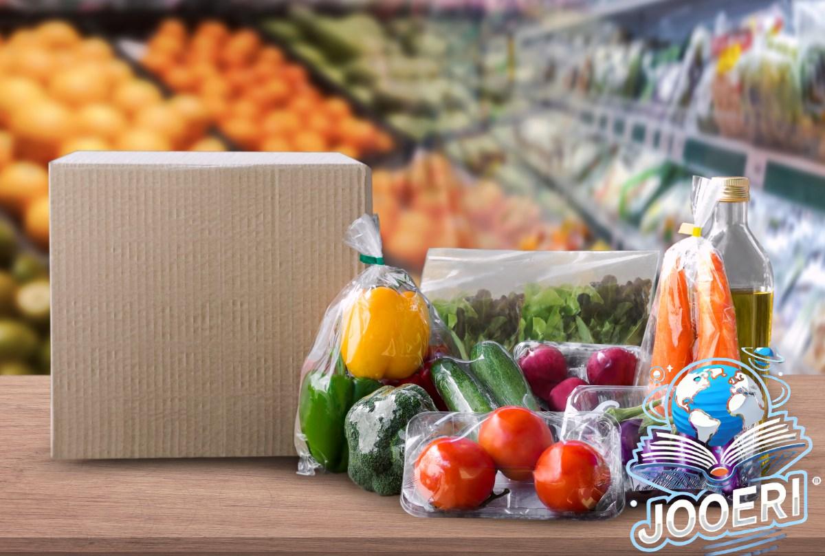 Packaged food on wood table with supermarket background