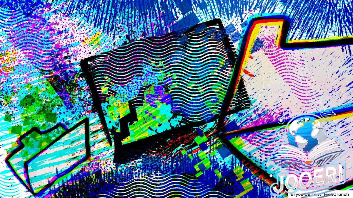 render of a data breach with computer folders over blue, green and purple spilling data squares