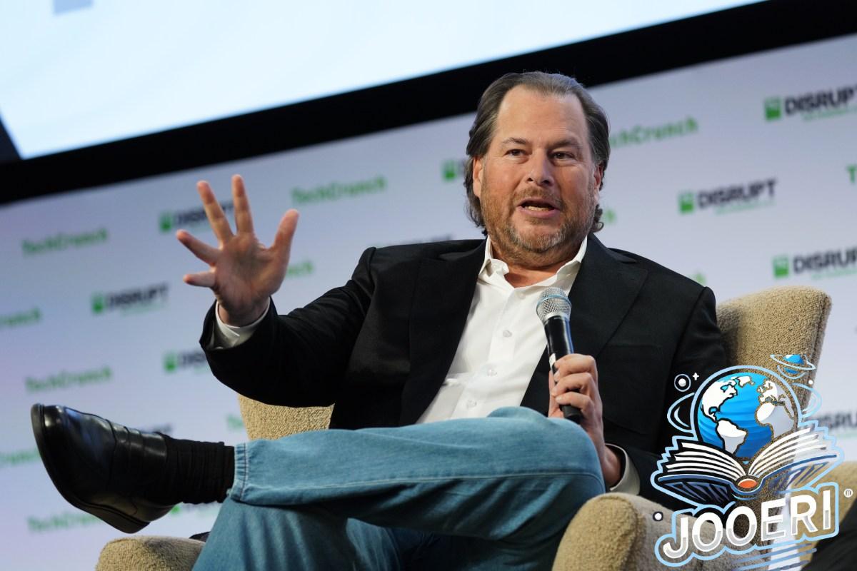 Marc Benioff, chairman and co-CEO at Salesforce, speaking on stage at TechCrunch Disrupt with TechCrunch Editor Matthew Panzarino in 2019.