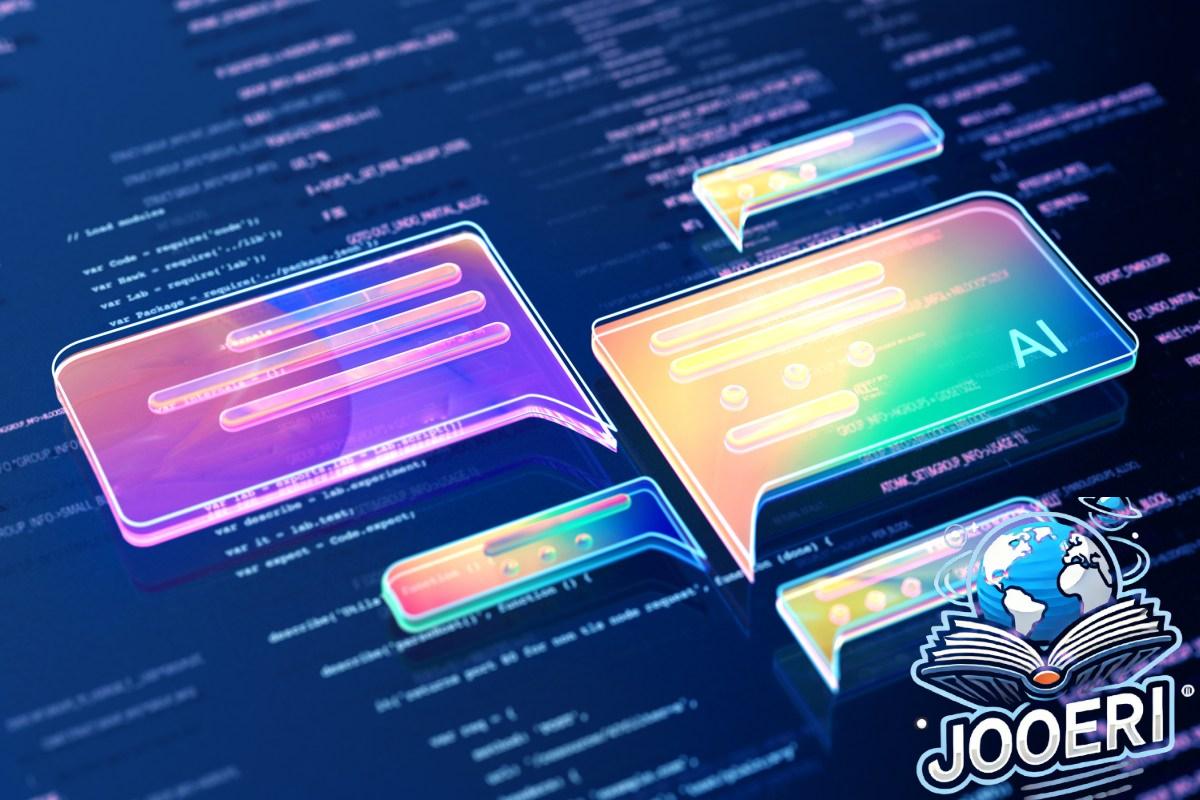 Digital generated image of abstract AI data chat icons flying over digital surface with codes