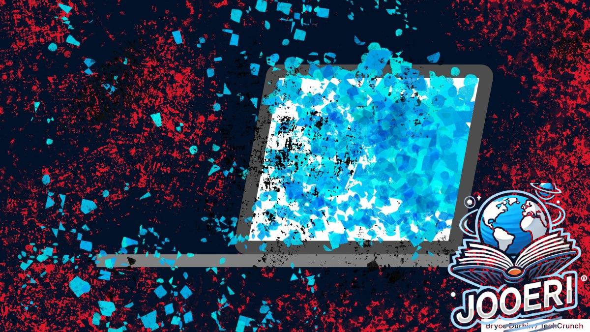 an illustrated laptop on a red darkened background, with blue flakes of data spilling out of the laptop's screen — indicating a data spill/leak.
