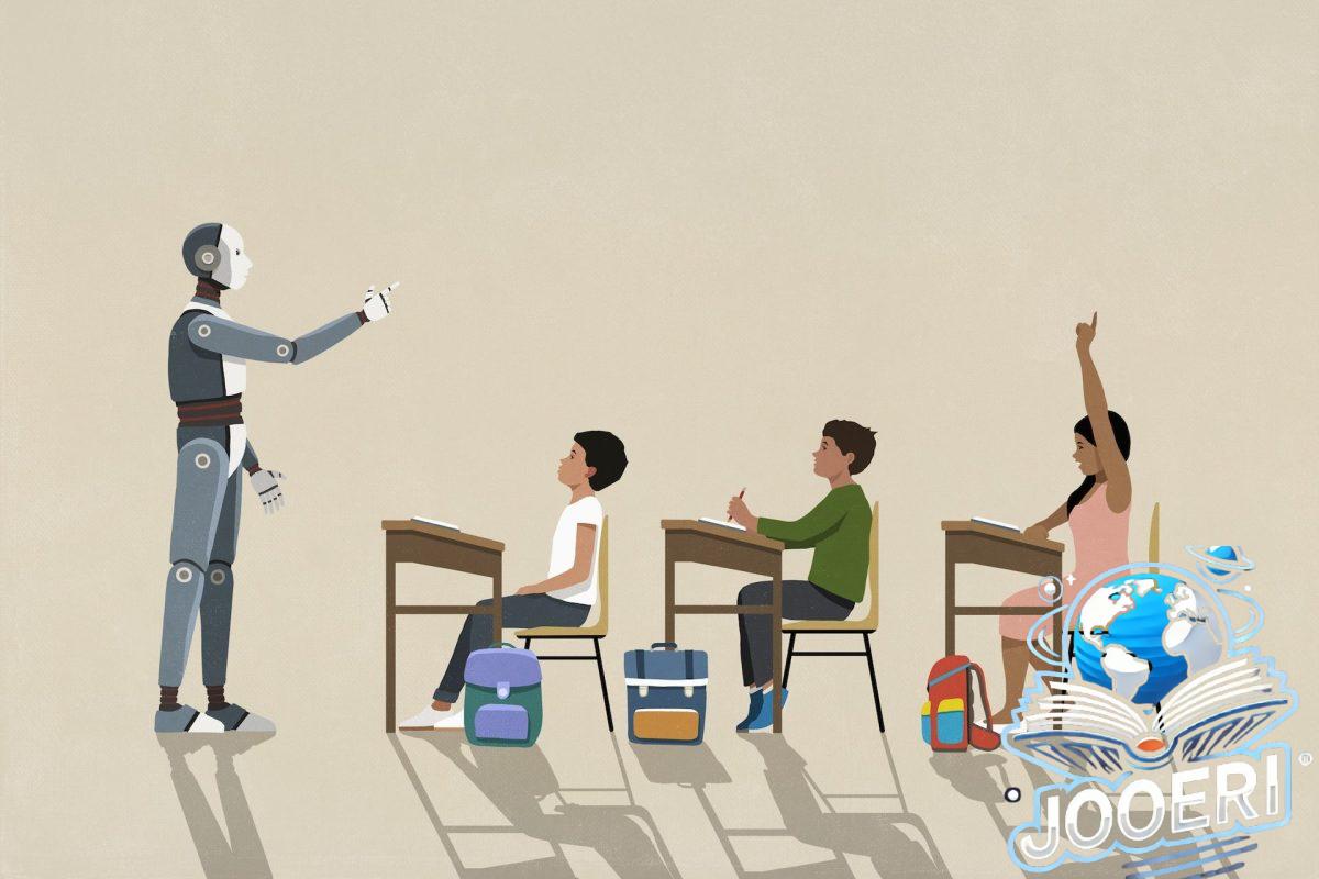 AI robot teaching schoolchildren at desks in classroom