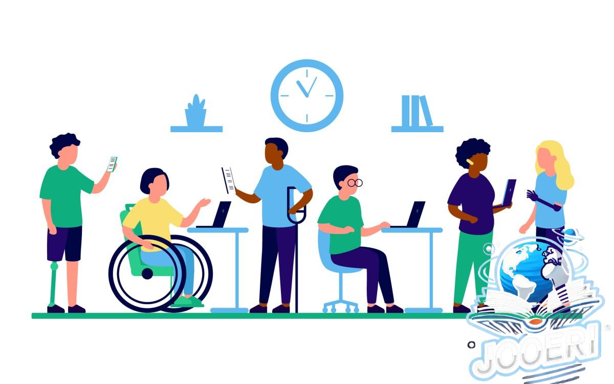 Employee people with disabilities and inclusion work together in office. Disabled different people on wheelchair and with prothesis sit and communicate using laptop. Handicap persons work. Vector