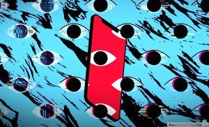An illustration showing spyware on a red phone on a blue background with blinking eyes.