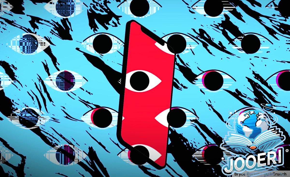An illustration showing spyware on a red phone on a blue background with blinking eyes.