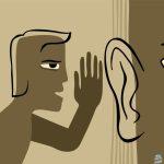 Fake news - abstract drawn person whispers gossip in another persons ear. Vector illustration