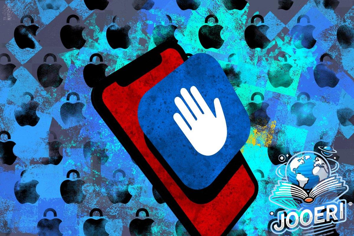 an illustration of a blue Lockdown Mode icon on a red phone on a blue background featuring Apple logos with padlocks.