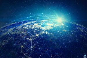 Planet earth in outer space with network connection and sunlight.