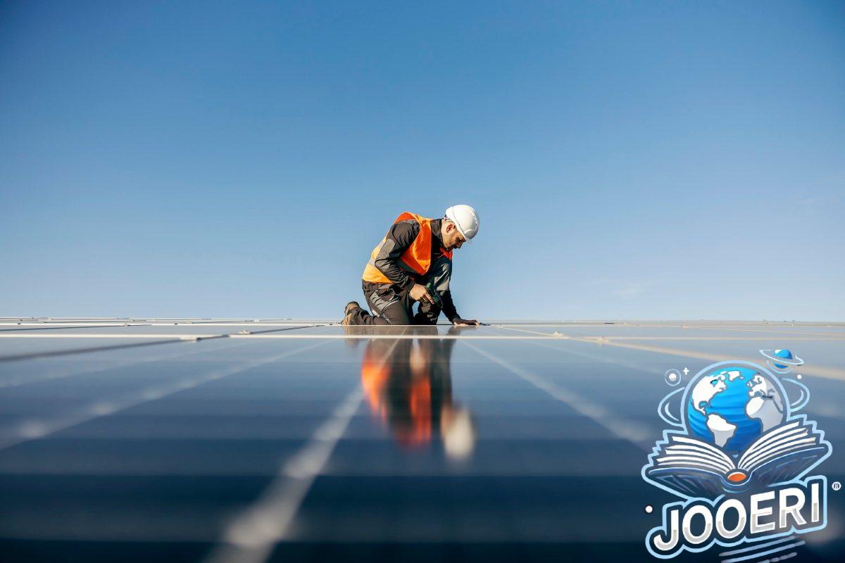 A handyman on the rooftop installing solar panels.