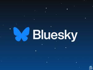 Bluesky logo (a butterfly) on a field of stars