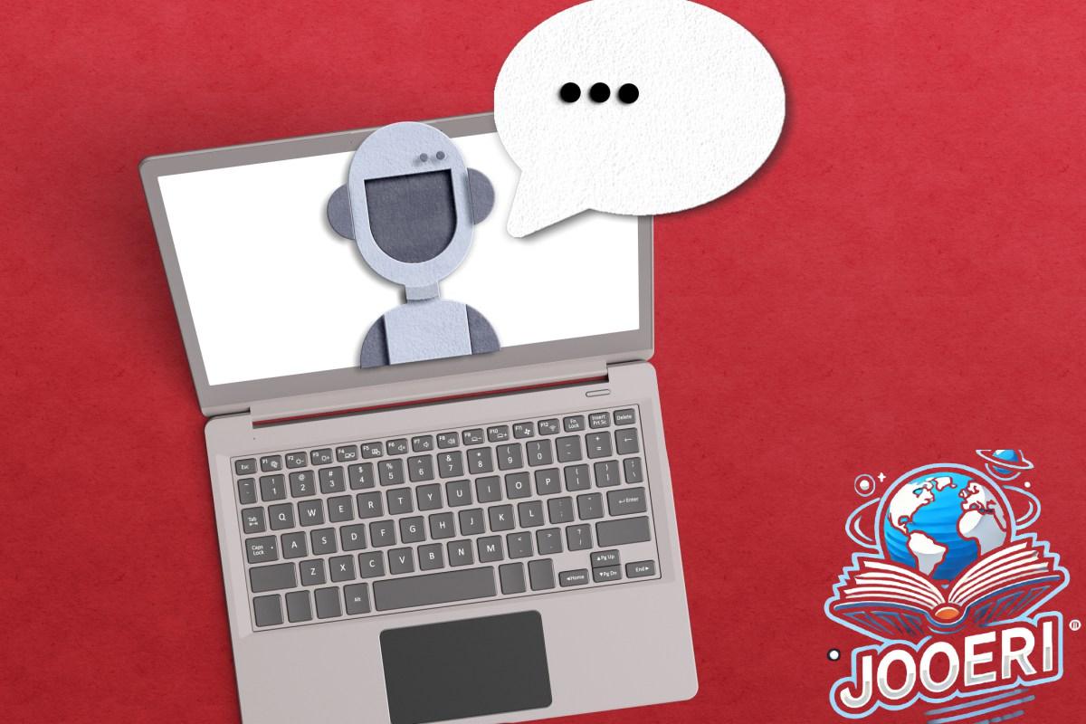 AI agent concept with robot inside a laptop with a voice bubble on red background.