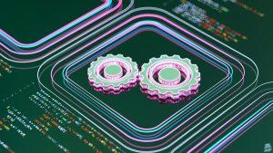 Gears on top of a computer chip on a motherboard meant to illustrate automated workflow.