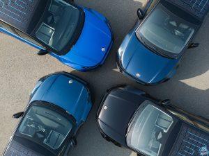 Fisker Ocean SUVs arranged in a pattern, overhead view