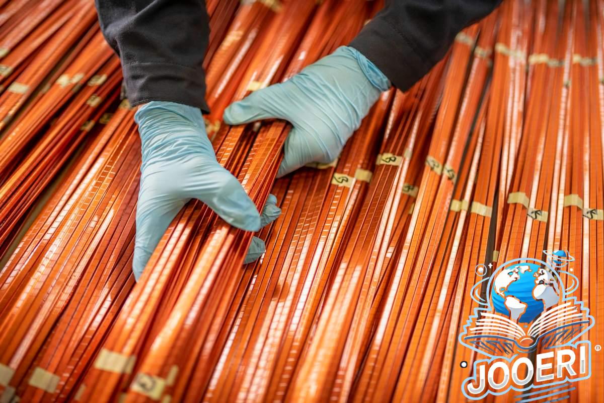 A worker lifts a bundle of copper windings.