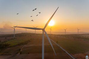 Wind turbine spins at sunrise.